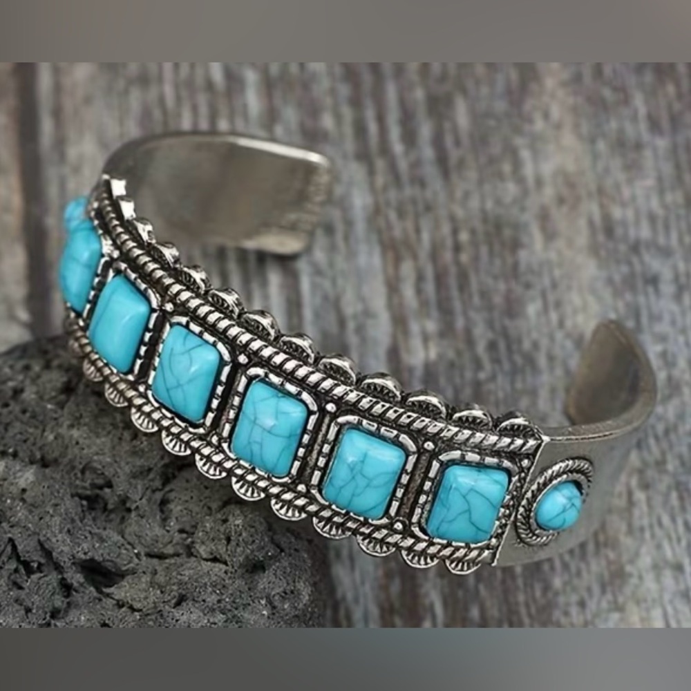 Turquoise Stone Silver Cuff Bracelet - Women Jewelry Bracelets